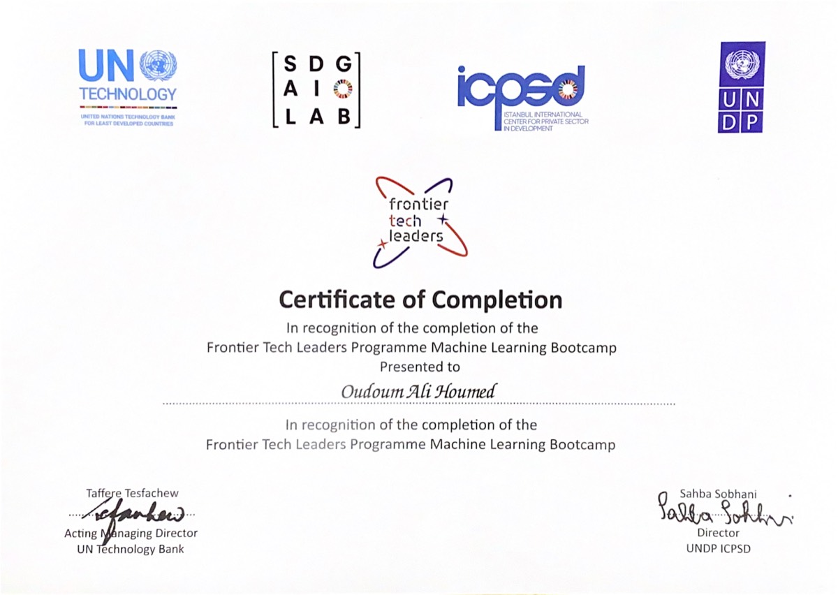 UNDP Frontier Tech Leaders Machine Learning Bootcamp certificate